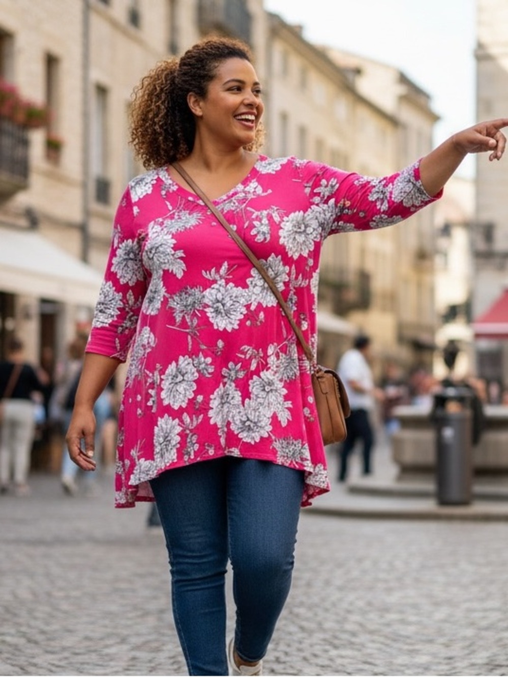 Honeyme Hot Pink Floral V-Neck Tunic Top